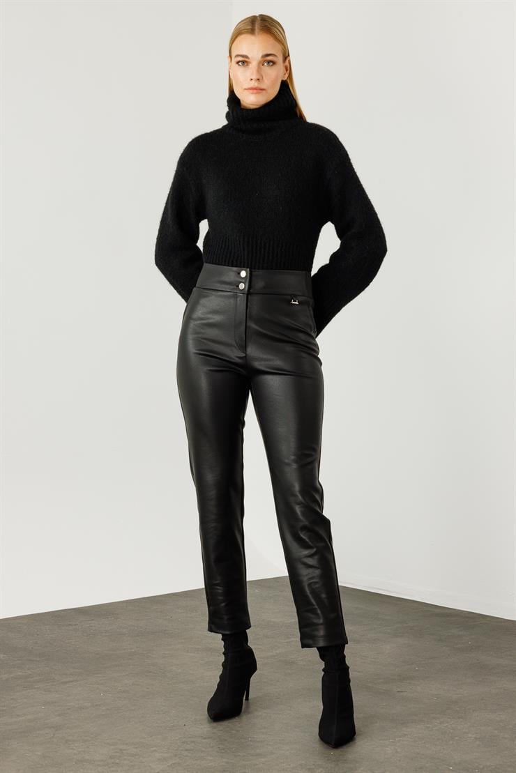 Modailgi  Bel Korsajı Yarım Lastikli Deri Pantolon Siyah
