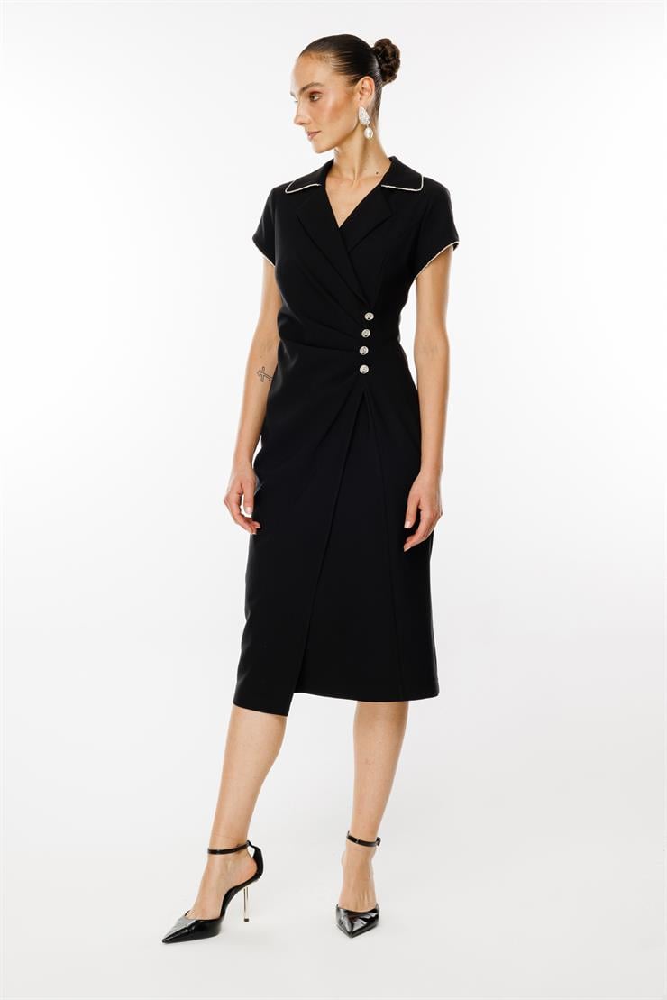 Modailgi  Belde Pile Detaylı Ay Kol Midi Boy Elbise Siyah