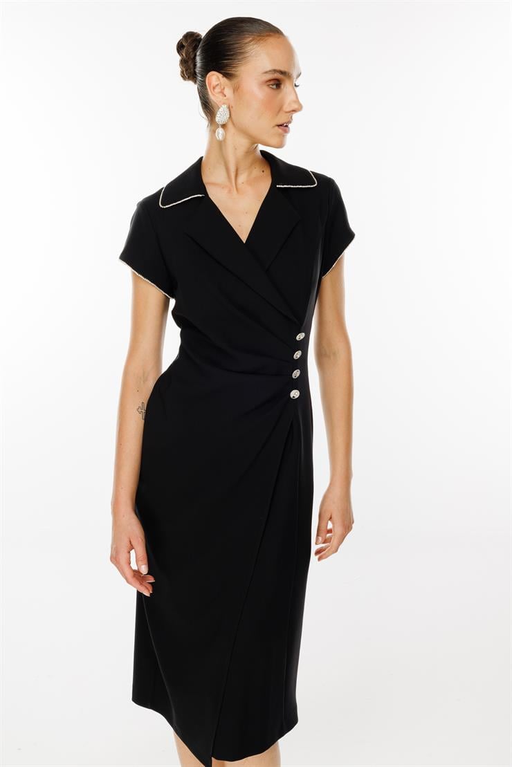 Modailgi  Belde Pile Detaylı Ay Kol Midi Boy Elbise Siyah