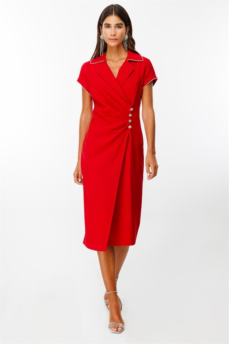 Modailgi  Belde Pile Detaylı Ay Kol Midi Boy Elbise Kırmızı