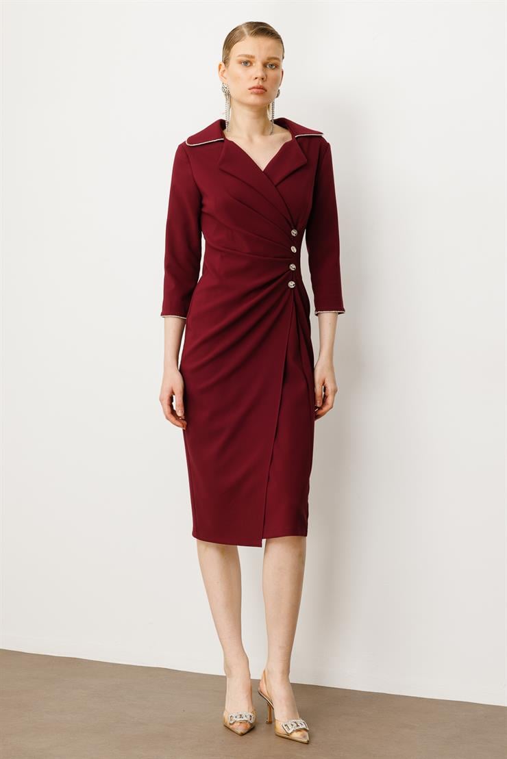 Modailgi  Belde Pile Detaylı Truvakar Kol Midi Boy Elbise Mürdüm