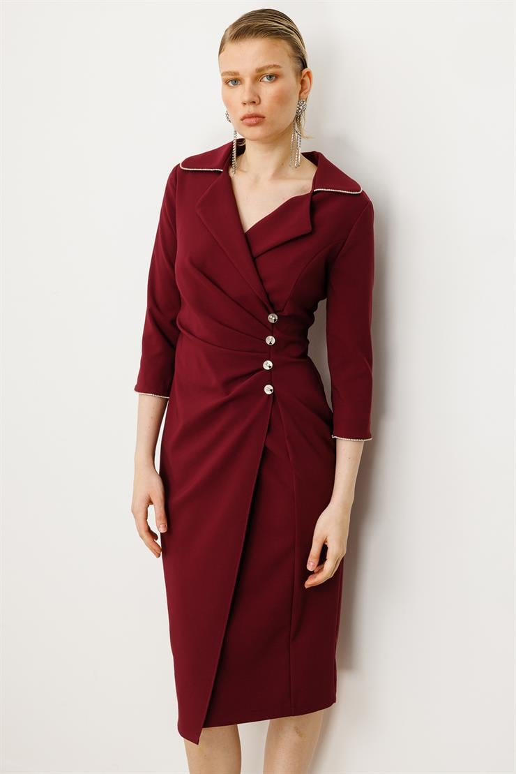 Modailgi  Belde Pile Detaylı Truvakar Kol Midi Boy Elbise Mürdüm