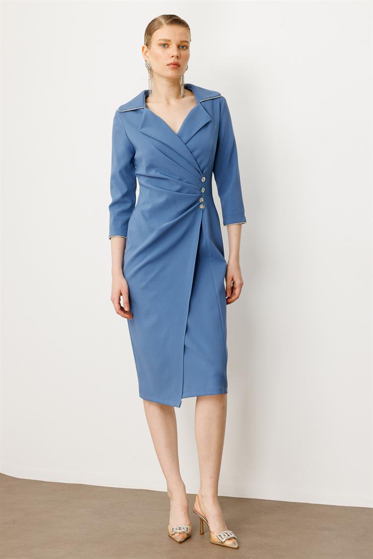 Modailgi  Belde Pile Detaylı Truvakar Kol Midi Boy Elbise Mavi