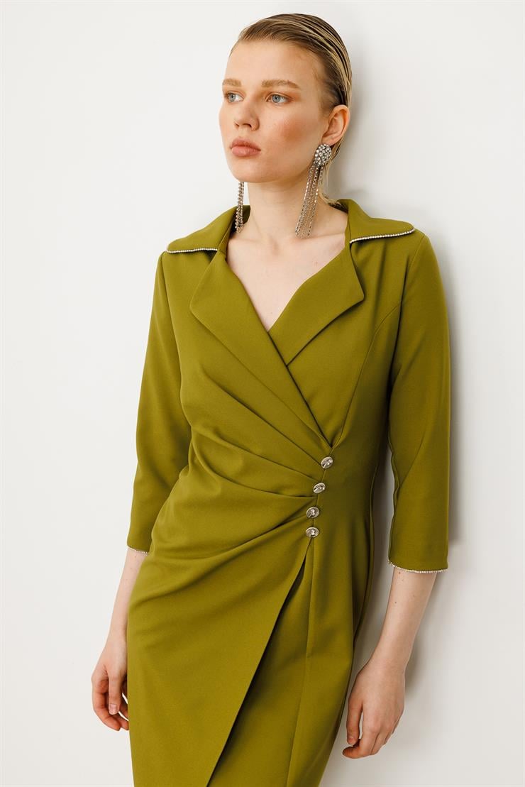 Modailgi  Belde Pile Detaylı Truvakar Kol Midi Boy Elbise Olive