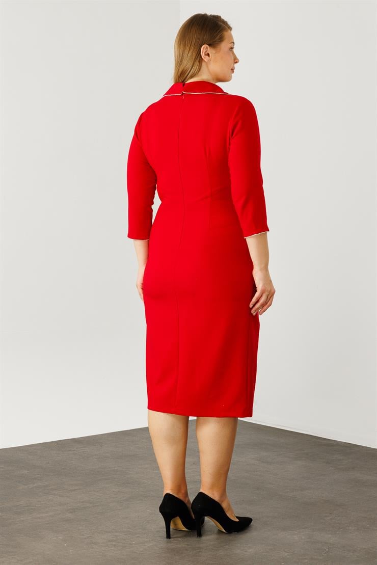 Modailgi  Belde Pile Detaylı Truvakar Kol Midi Boy Elbise Kırmızı