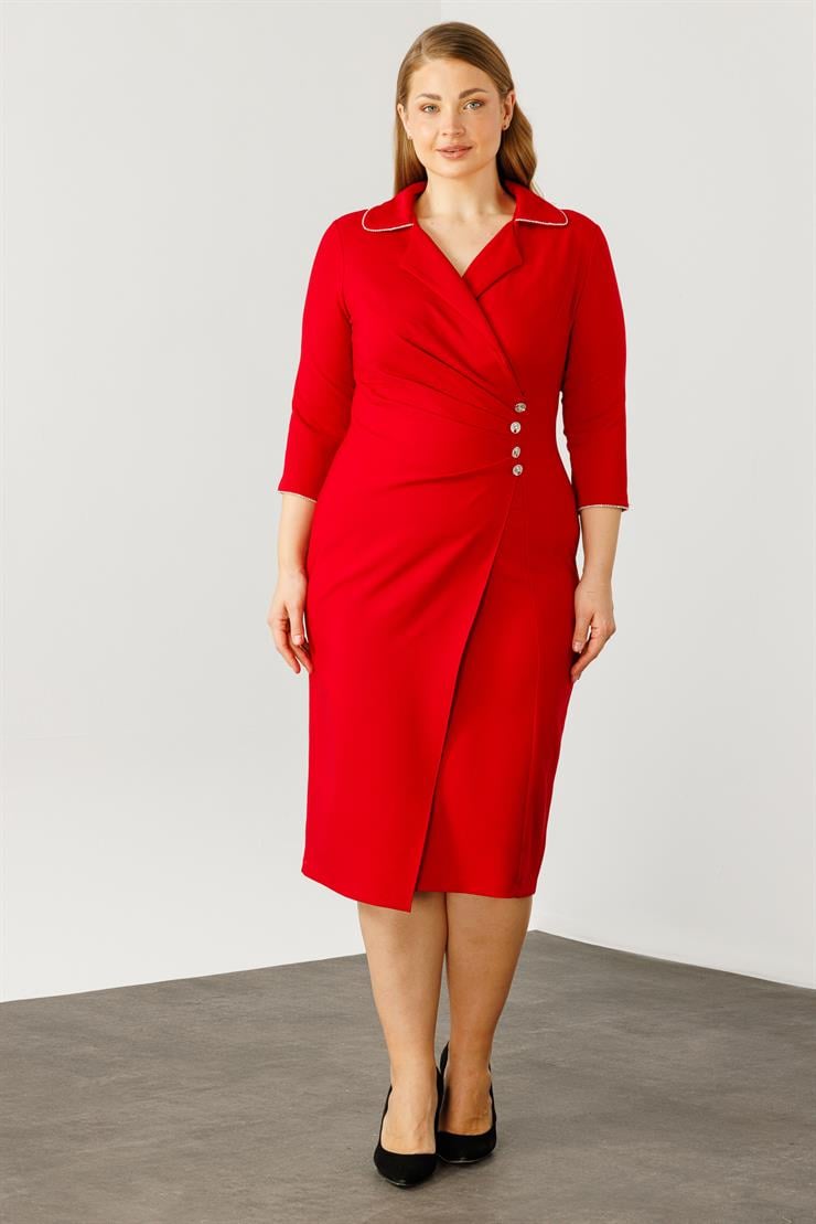 Modailgi  Belde Pile Detaylı Truvakar Kol Midi Boy Elbise Kırmızı