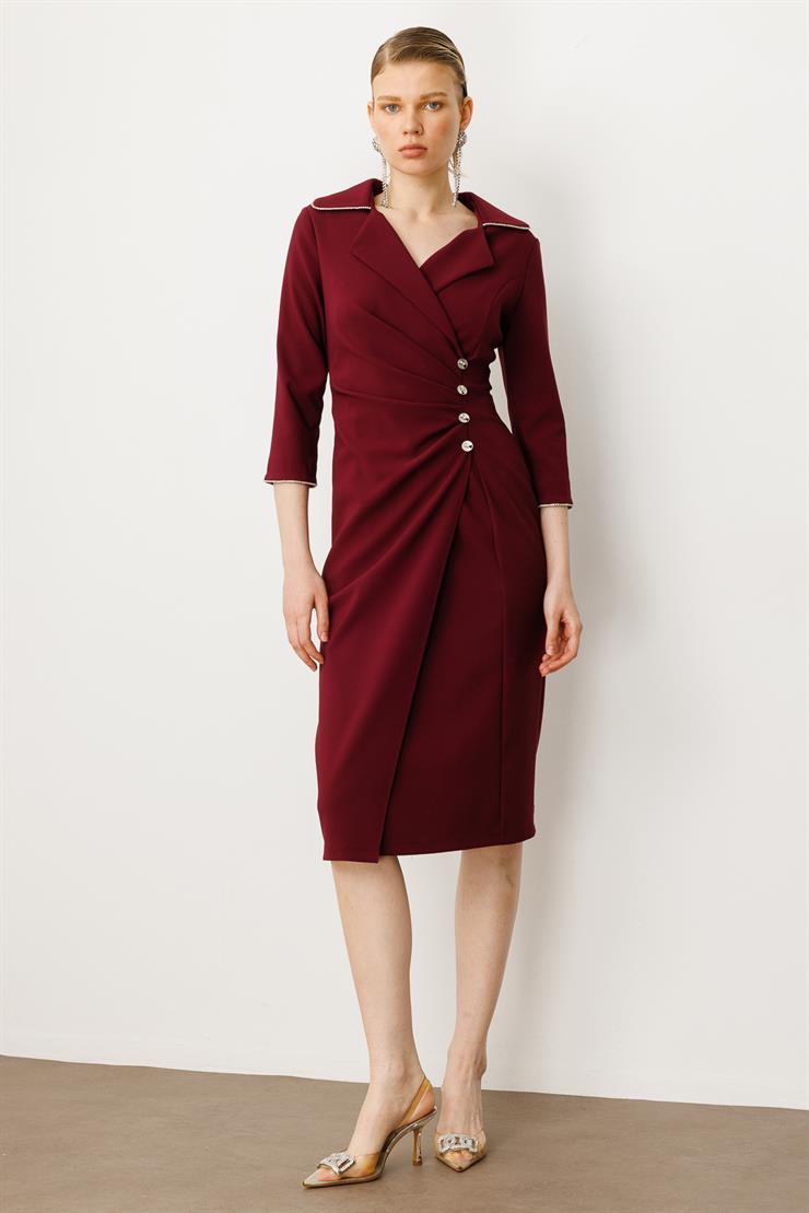 Modailgi  Belde Pile Detaylı Truvakar Kol Midi Boy Elbise Mürdüm