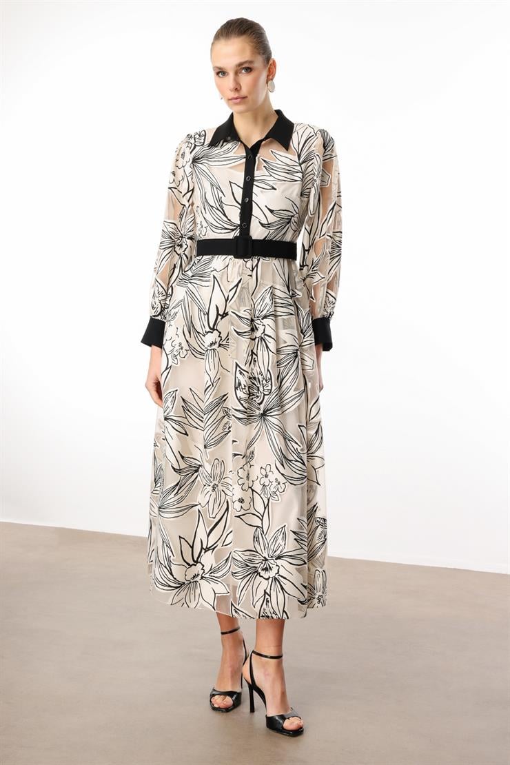 Modailgi  Belden Kuşaklı Çiçek Desenli Organze Elbise Orijinal