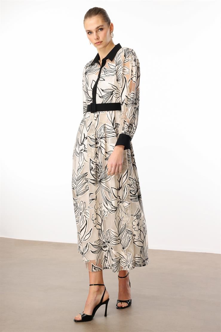 Modailgi  Belden Kuşaklı Çiçek Desenli Organze Elbise Orijinal