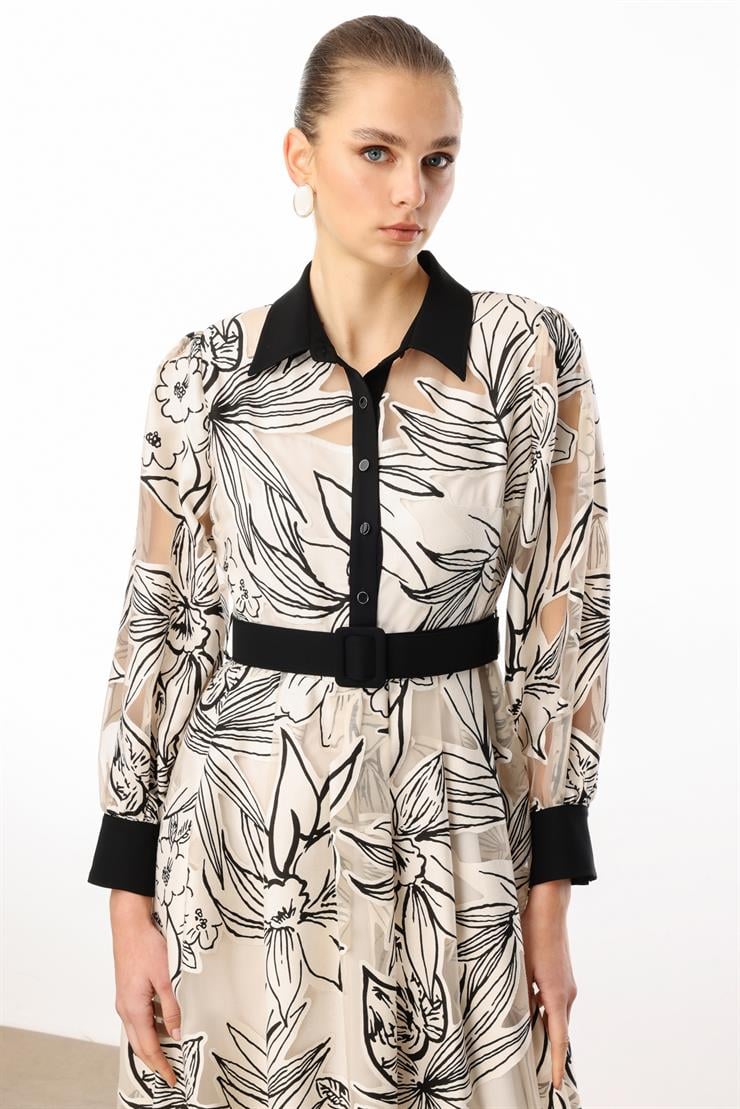 Modailgi  Belden Kuşaklı Çiçek Desenli Organze Elbise Orijinal