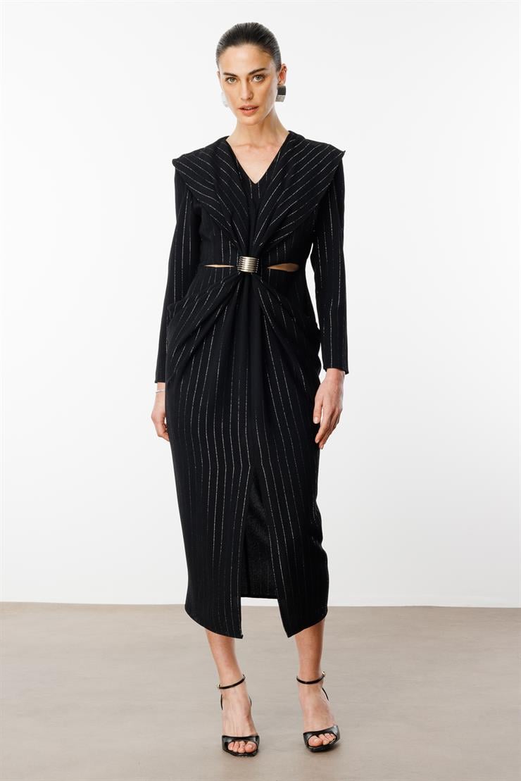 Modailgi  Belden Pencereli Halka Tokalı Simli Çizgili Elbise Siyah