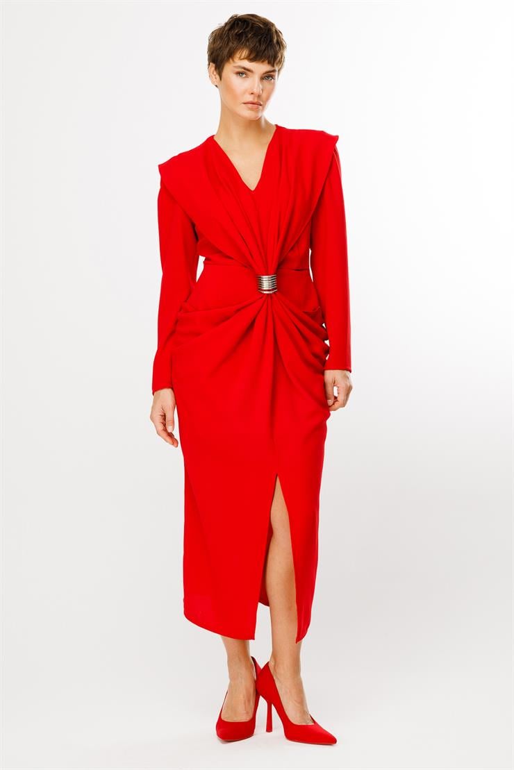 Modailgi  Belden Pencereli Halka Tokalı Elbise Kırmızı