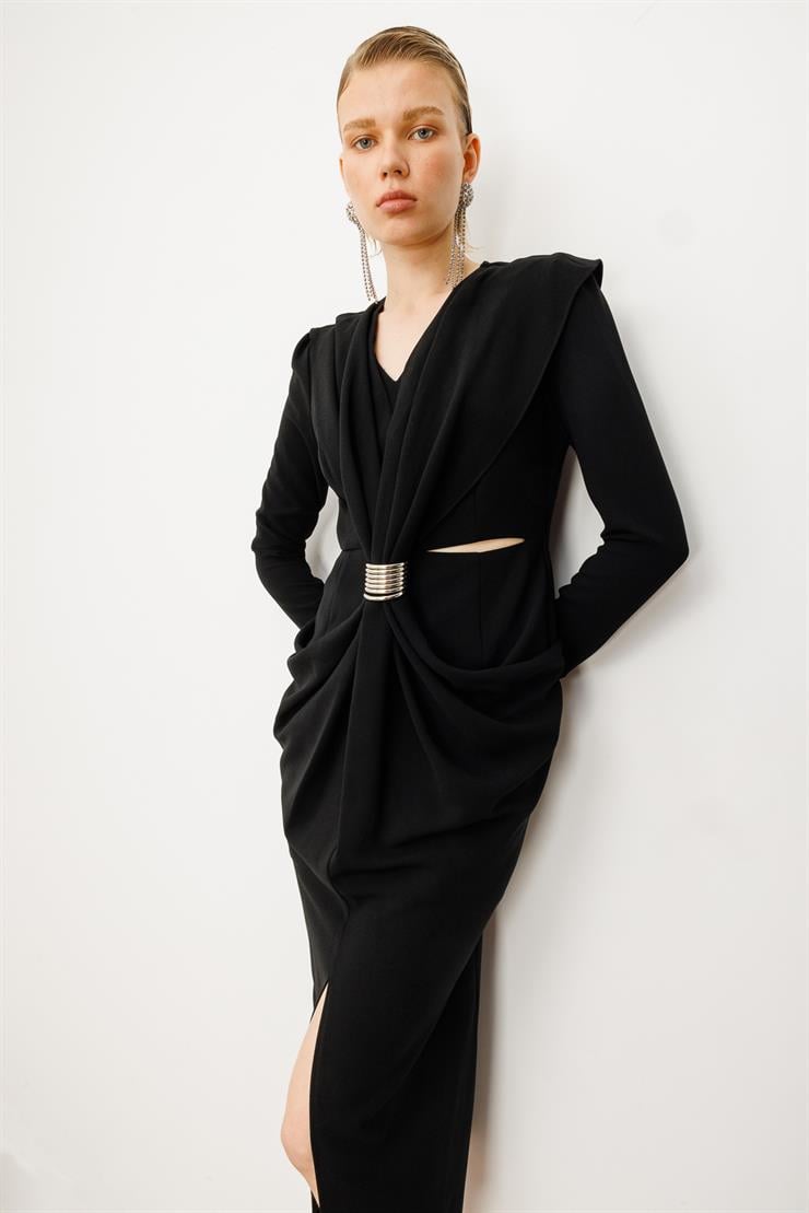 Modailgi  Belden Pencereli Halka Tokalı Elbise Siyah