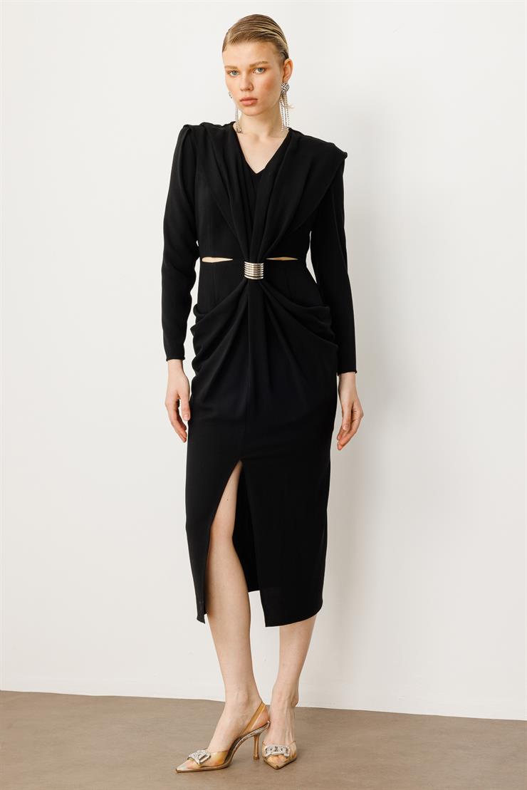 Modailgi  Belden Pencereli Halka Tokalı Elbise Siyah