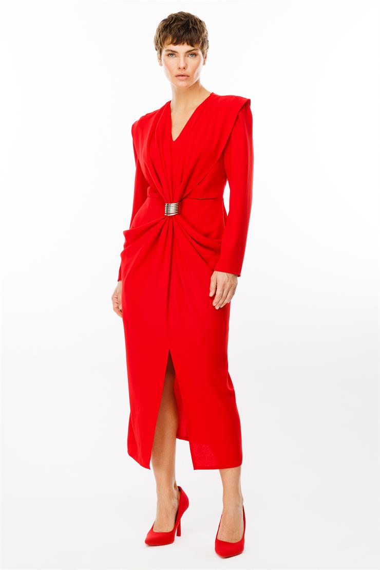 Modailgi  Belden Pencereli Halka Tokalı Elbise Kırmızı