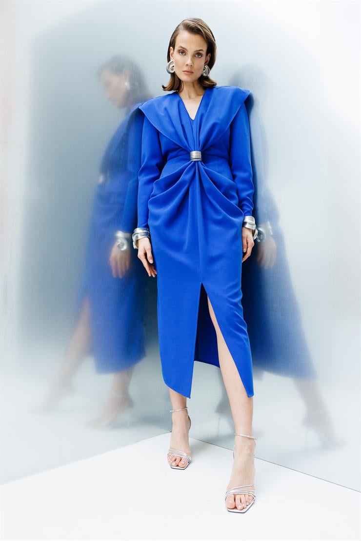 Modailgi  Belden Pencereli Halka Tokalı Elbise Saks