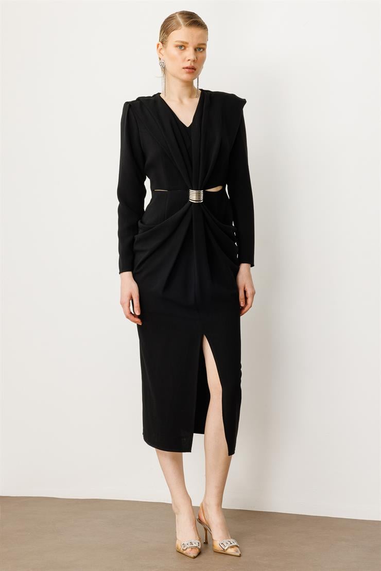 Modailgi  Belden Pencereli Halka Tokalı Elbise Siyah