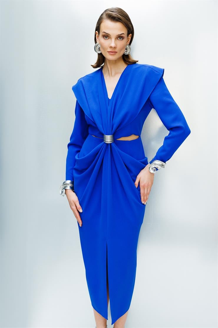 Modailgi  Belden Pencereli Halka Tokalı Elbise Saks