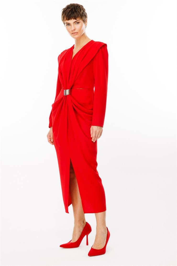 Modailgi  Belden Pencereli Halka Tokalı Elbise Kırmızı