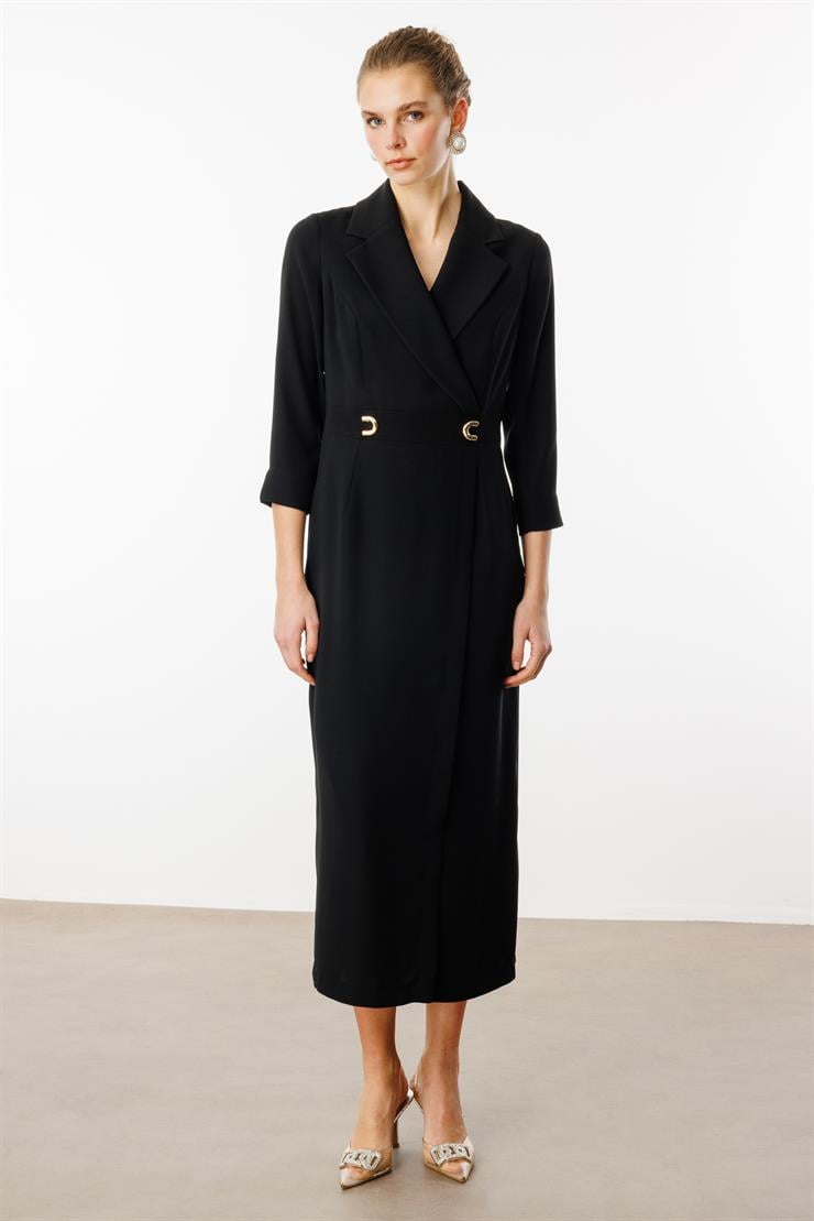 Modailgi  Beli Aksesuarlı Cepli Kruvaze Elbise Siyah