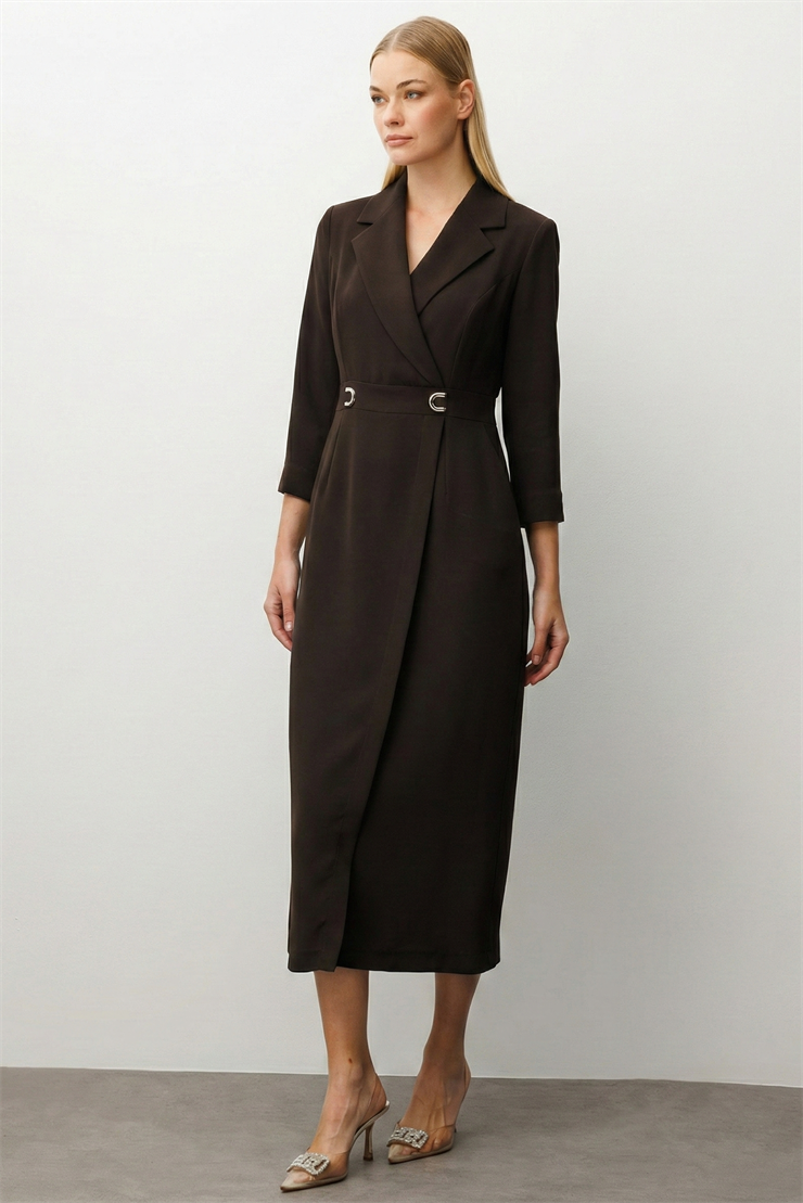 Modailgi  Beli Aksesuarlı Cepli Kruvaze Elbise Kahve