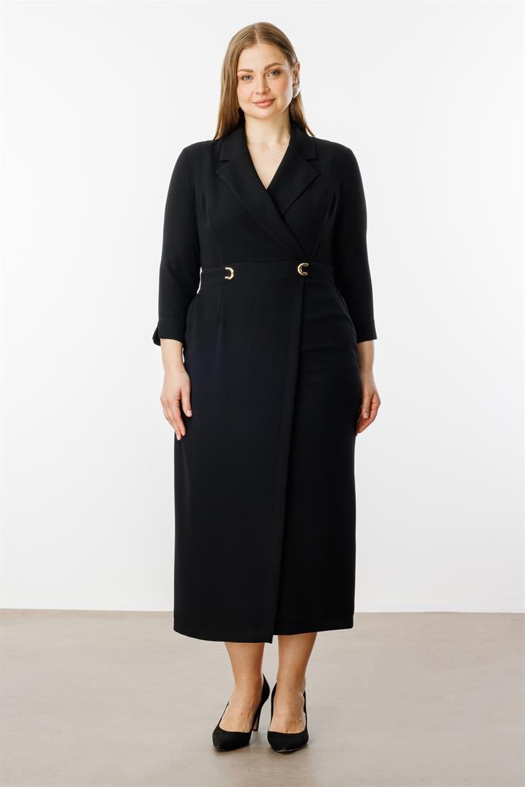 Modailgi  Beli Aksesuarlı Cepli Kruvaze Elbise Siyah