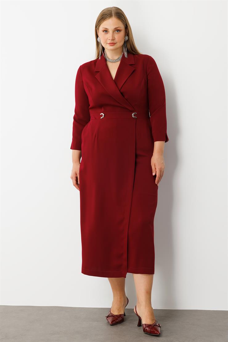 Modailgi  Beli Aksesuarlı Cepli Kruvaze Elbise Bordo