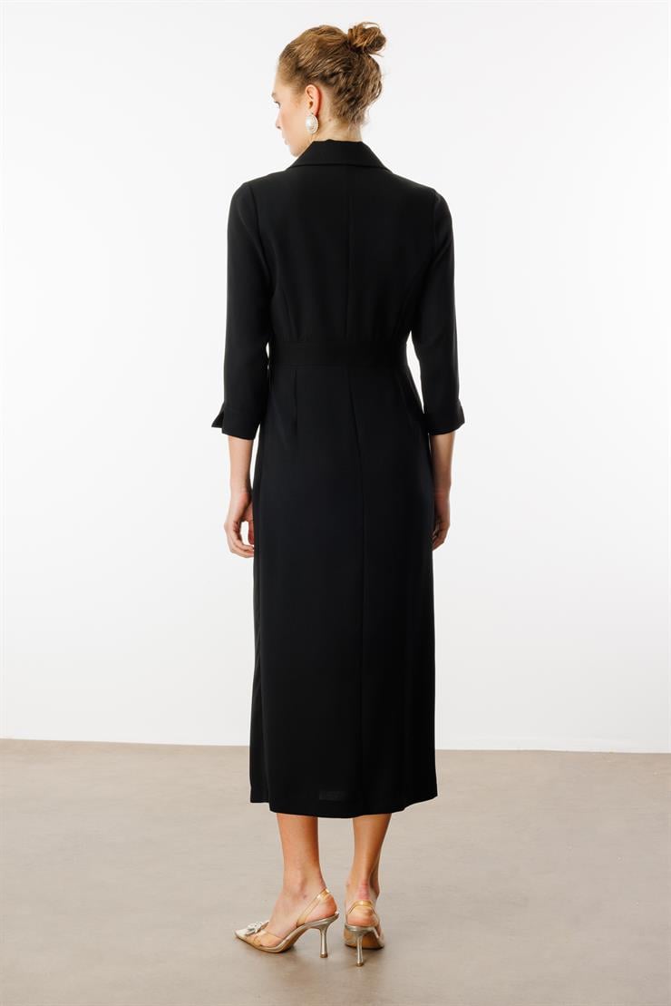 Modailgi  Beli Aksesuarlı Cepli Kruvaze Elbise Siyah