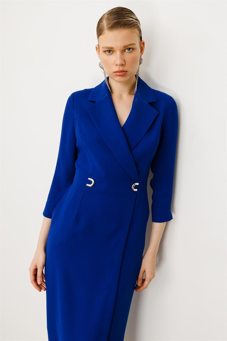 Modailgi  Beli Aksesuarlı Cepli Kruvaze Elbise Saks