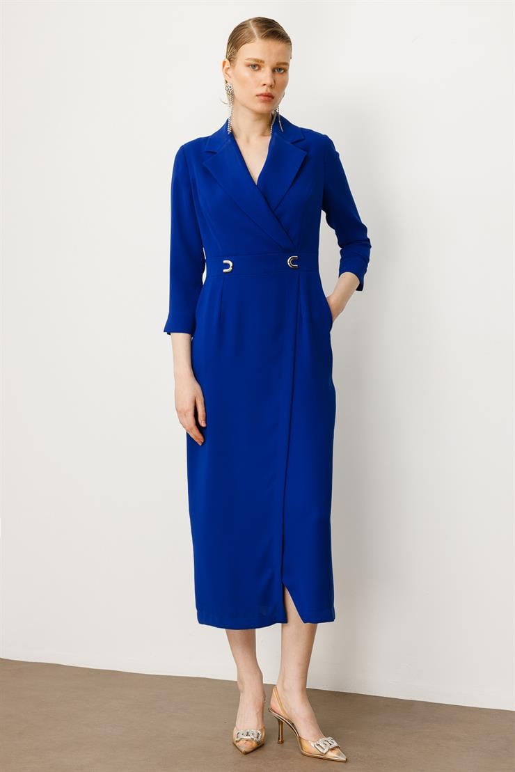 Modailgi  Beli Aksesuarlı Cepli Kruvaze Elbise Saks