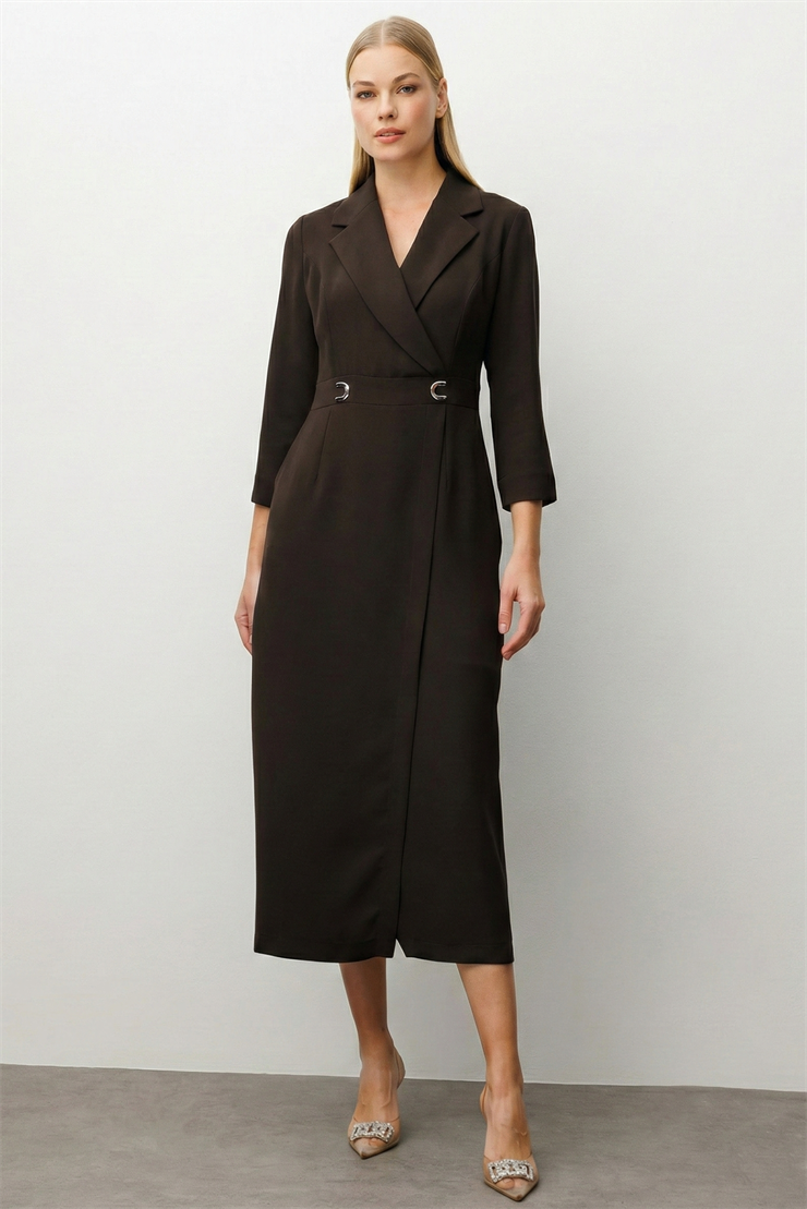 Modailgi  Beli Aksesuarlı Cepli Kruvaze Elbise Kahve