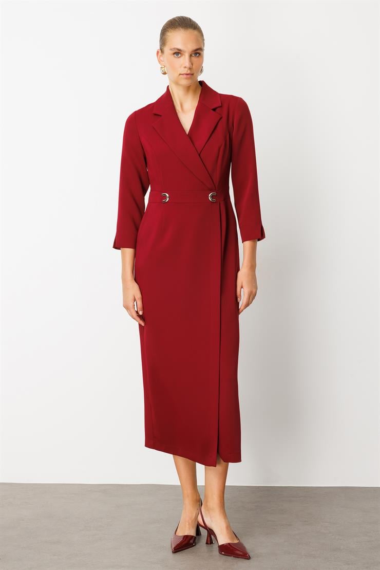 Modailgi  Beli Aksesuarlı Cepli Kruvaze Elbise Bordo