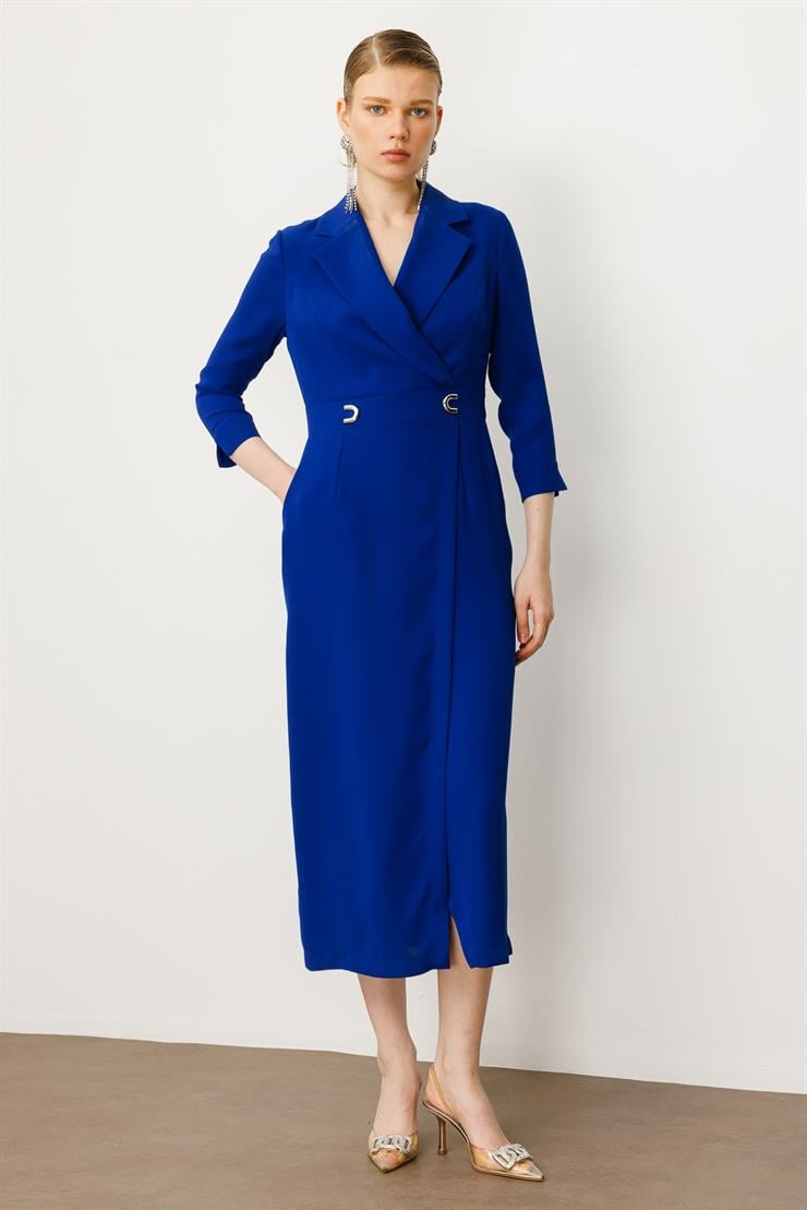 Modailgi  Beli Aksesuarlı Cepli Kruvaze Elbise Saks