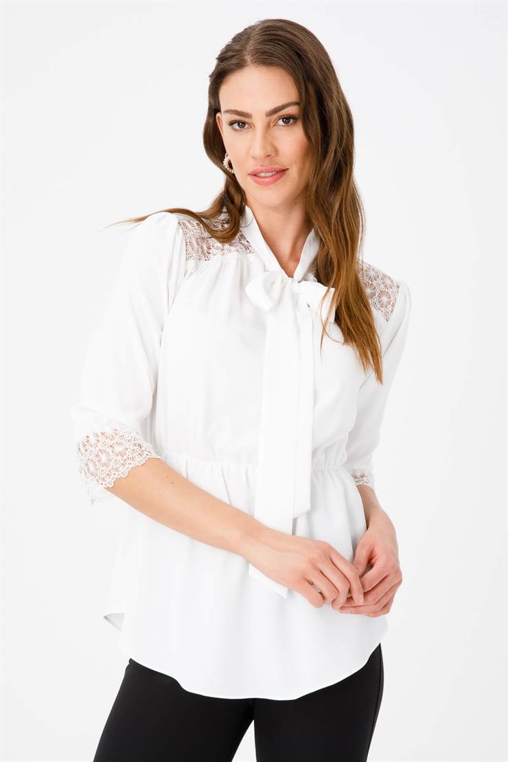 Modailgi  Beli Büzgülü Dantel Detaylı Gömlek Ekru