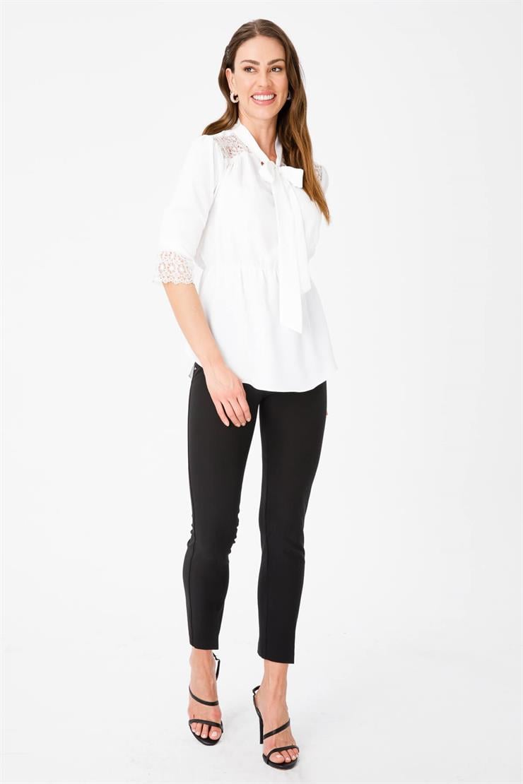 Modailgi  Beli Büzgülü Dantel Detaylı Gömlek Ekru