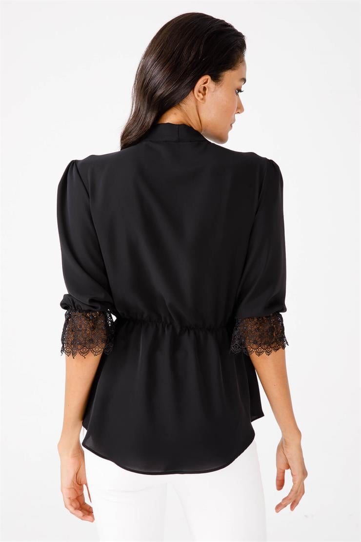 Modailgi  Beli Büzgülü Dantel Detaylı Gömlek Siyah