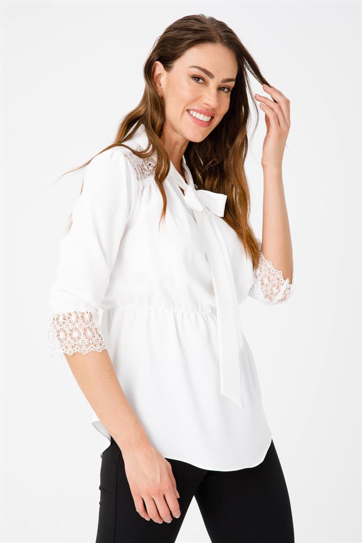 Modailgi  Beli Büzgülü Dantel Detaylı Gömlek Ekru
