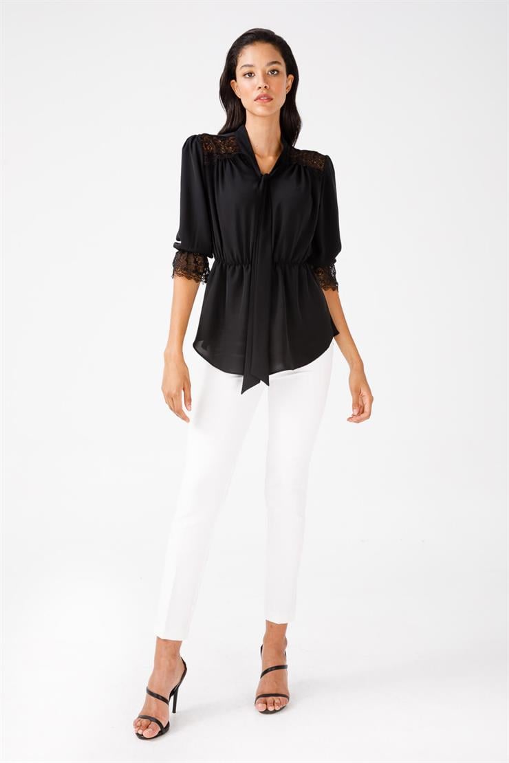 Modailgi  Beli Büzgülü Dantel Detaylı Gömlek Siyah
