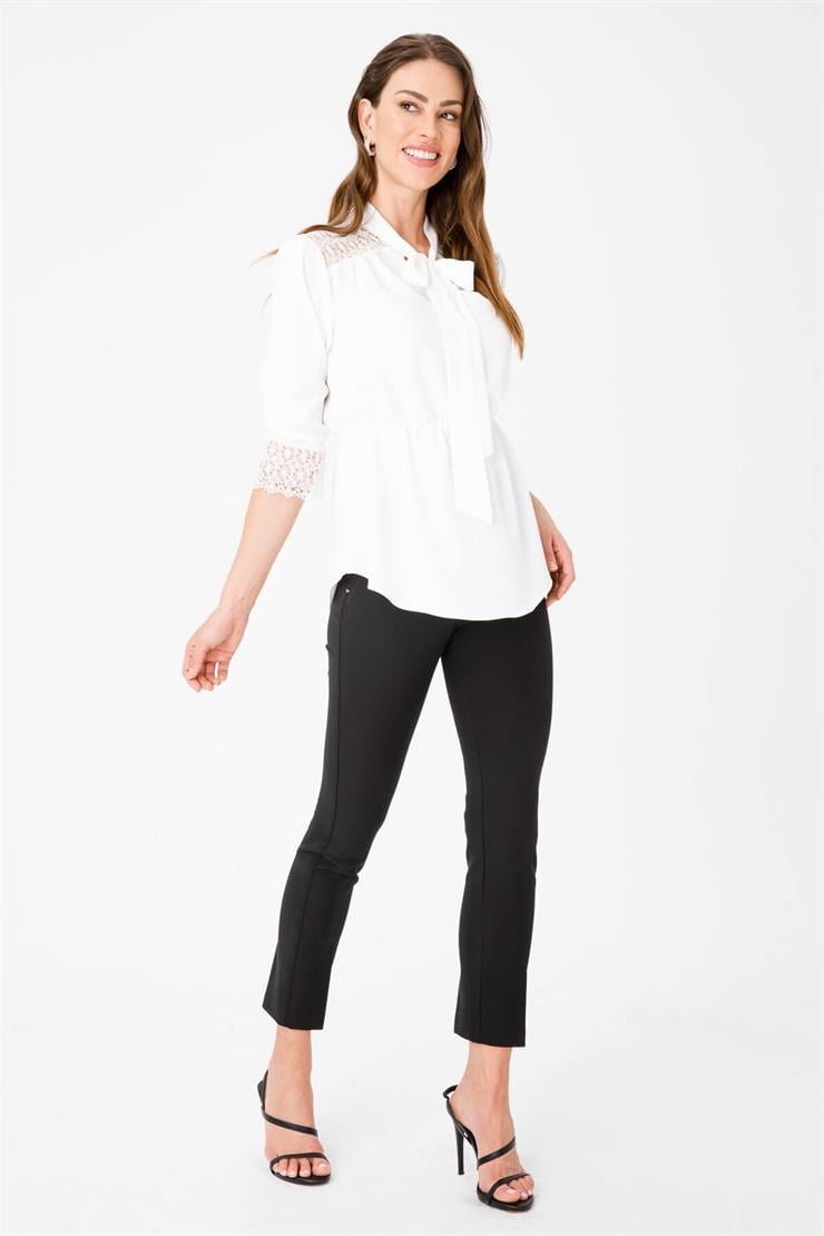 Modailgi  Beli Büzgülü Dantel Detaylı Gömlek Ekru