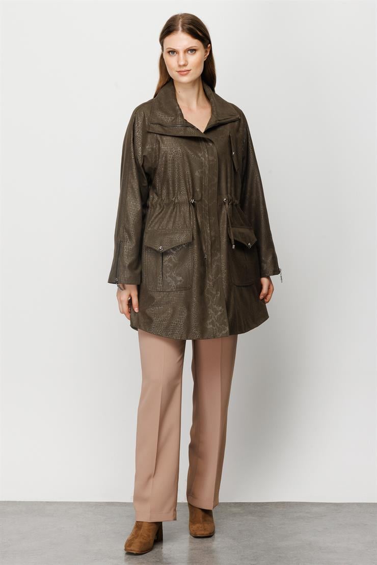 Modailgi  Beli Büzgülü Krokodil Desen Trenç Haki