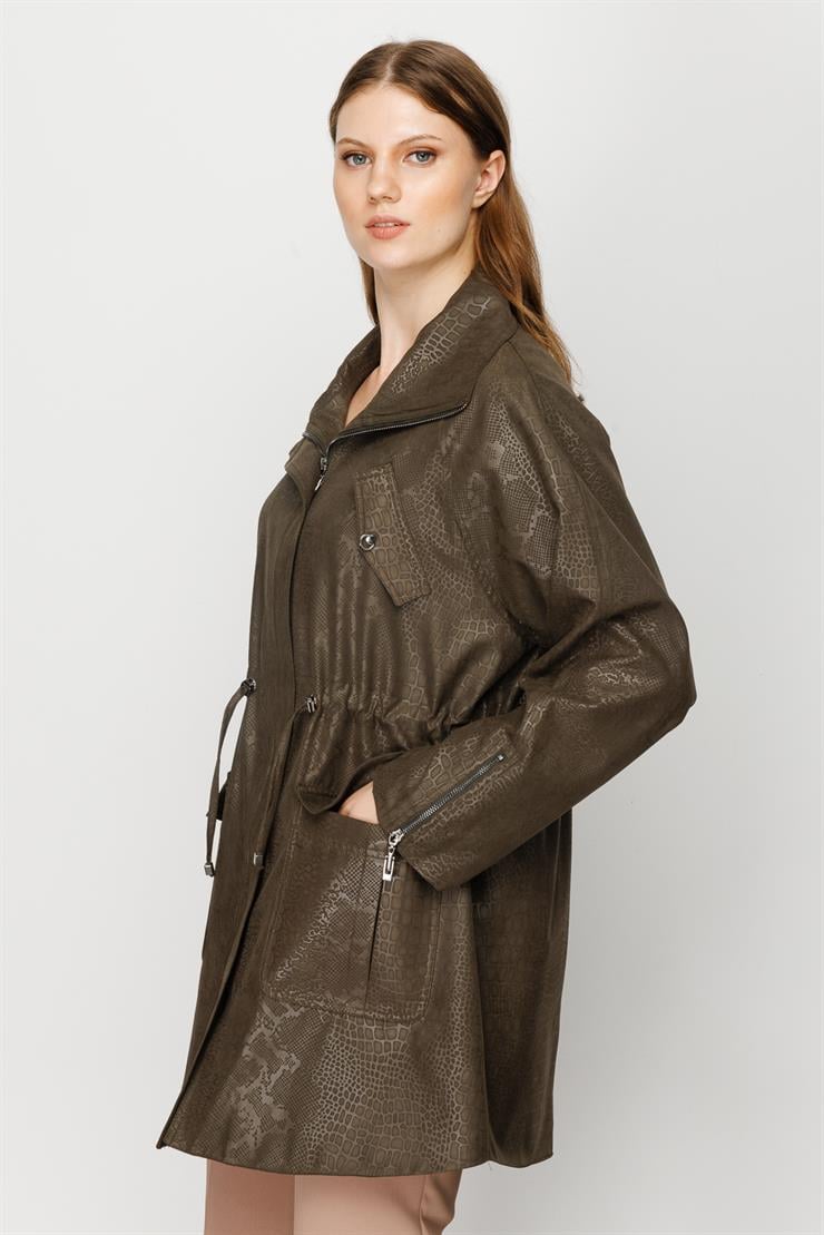 Modailgi  Beli Büzgülü Krokodil Desen Trenç Haki