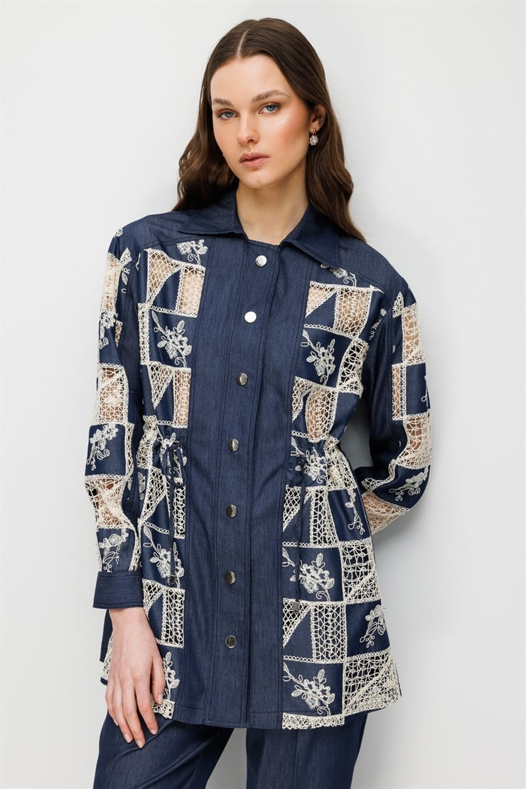 Modailgi  Beli Büzgülü Nakışlı Denim Tunik Lacivert