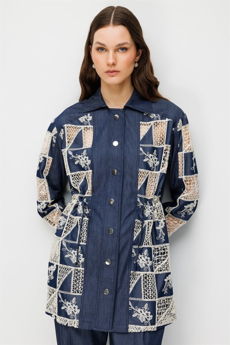 Modailgi  Beli Büzgülü Nakışlı Denim Tunik Lacivert