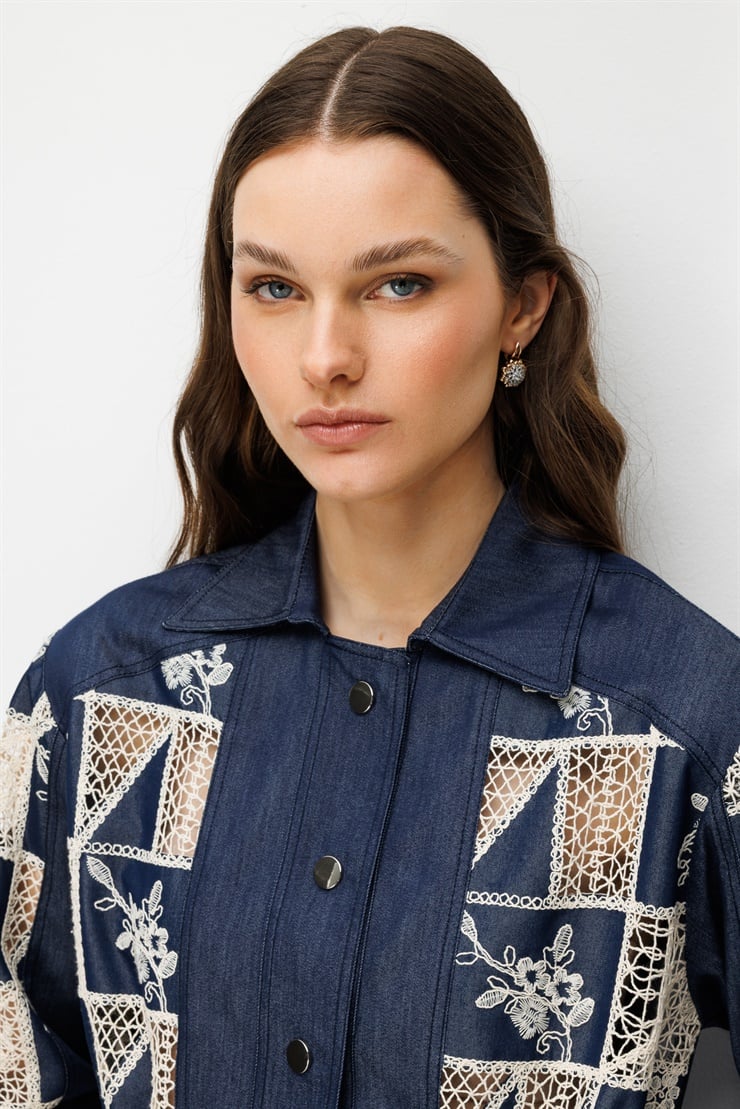 Modailgi  Beli Büzgülü Nakışlı Denim Tunik Lacivert