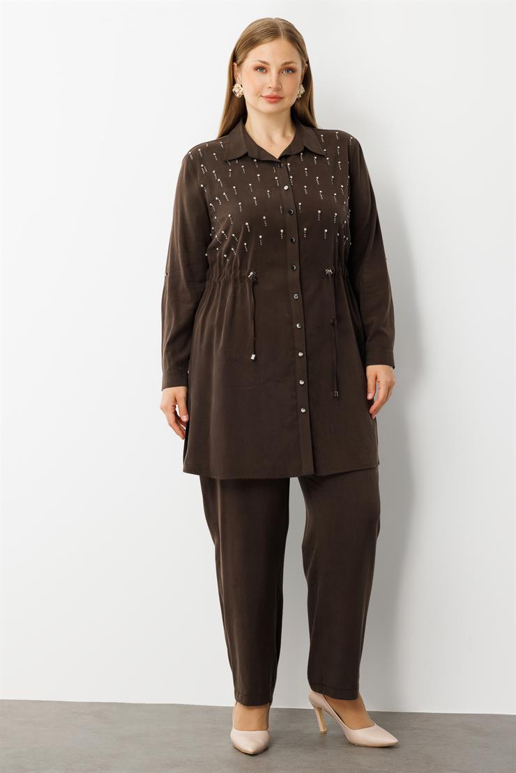 Modailgi  Beli Büzgülü Ön Bedeni İncili Taşlı Tunik Kahve