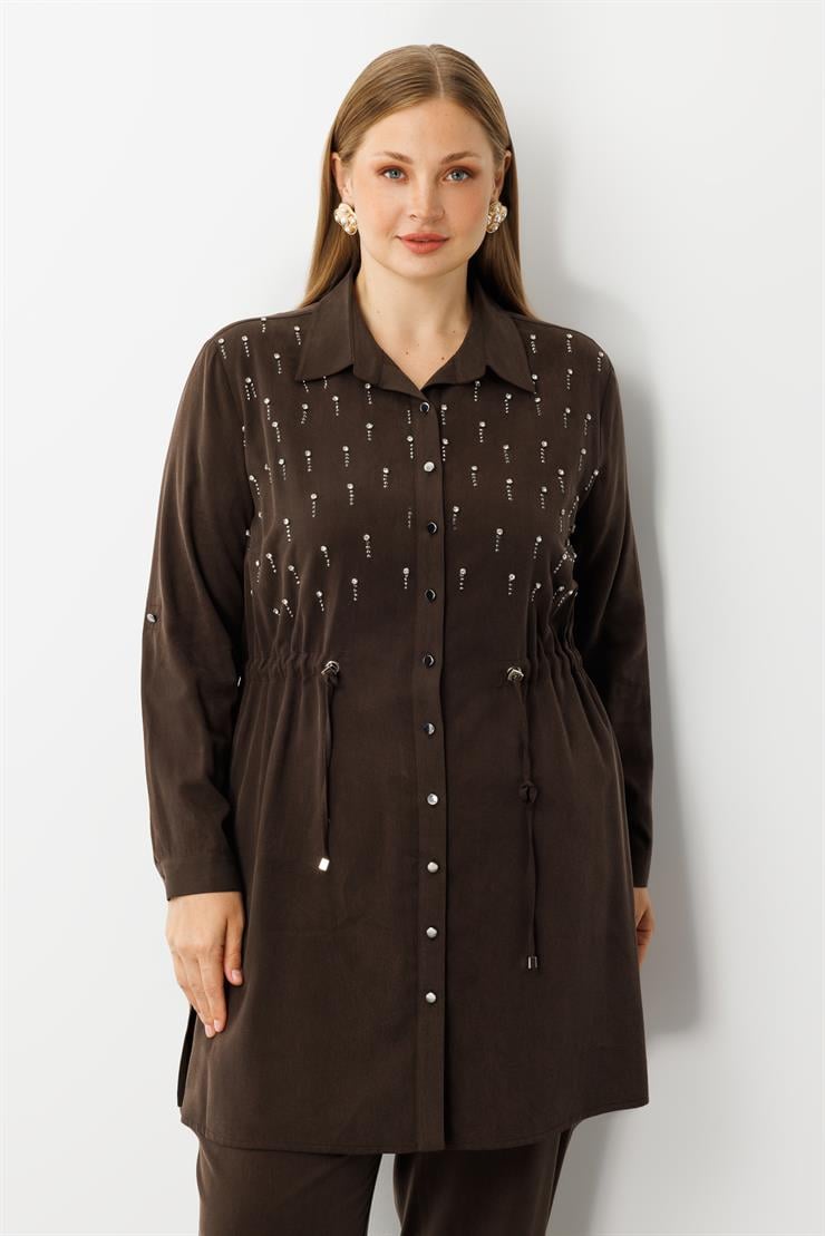 Modailgi  Beli Büzgülü Ön Bedeni İncili Taşlı Tunik Kahve