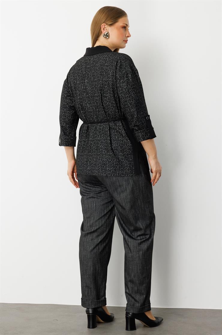 Modailgi  Beli Büzgülü Tek Düğme Leopar Ceket - 30062 Antrasit
