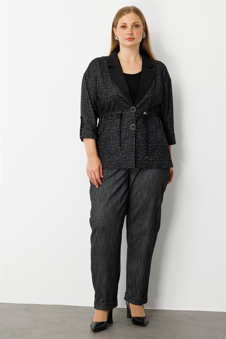 Modailgi  Beli Büzgülü Tek Düğme Leopar Ceket - 30062 Antrasit