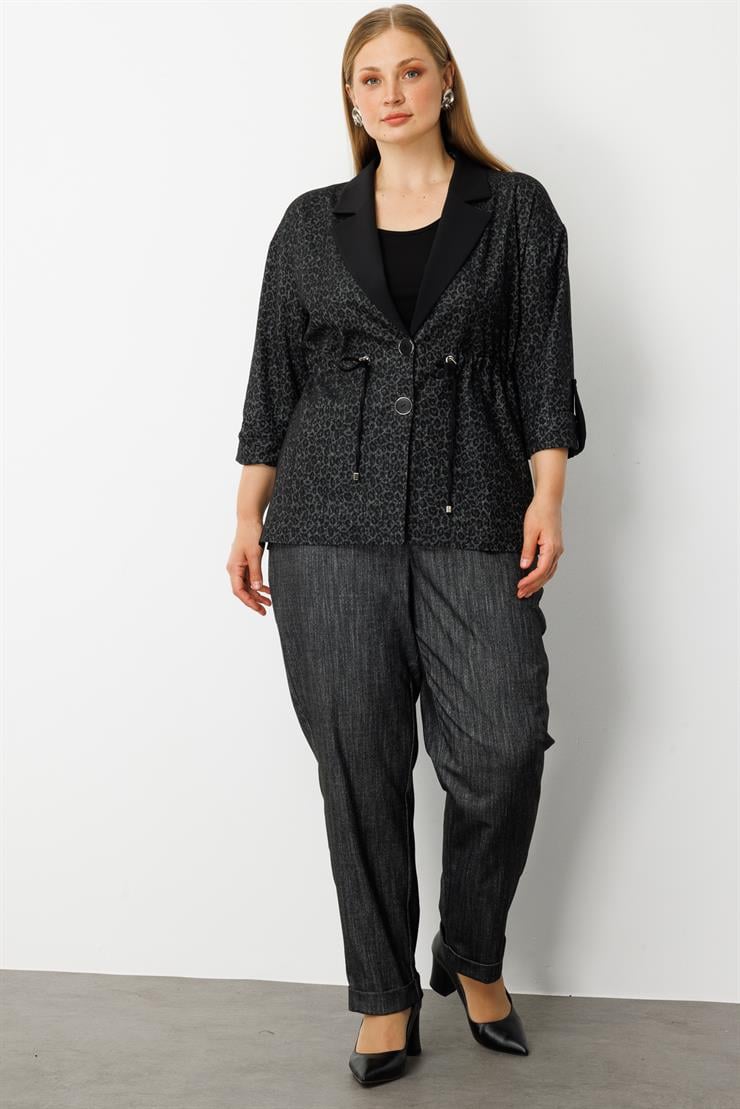 Modailgi  Beli Büzgülü Tek Düğme Leopar Ceket - 30062 Antrasit