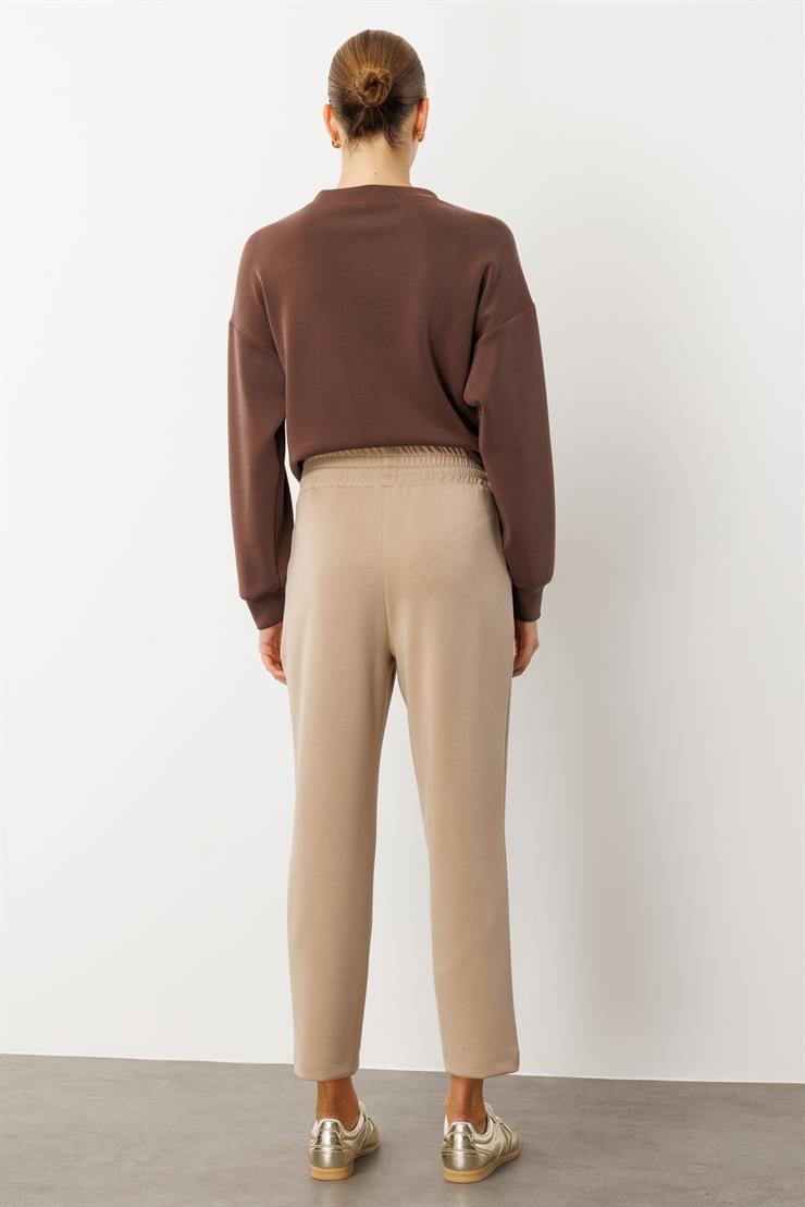 Modailgi  Beli Kalın Lastik Kemerli Tünel Bağcıklı Örme Pantolon - 15062 Vizon